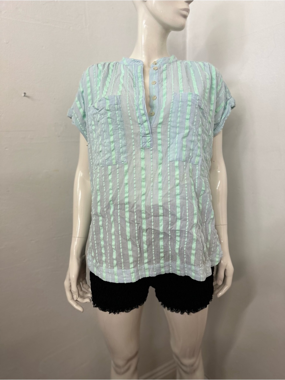 Maeve by anthropology Lightz Blue & Mint Striped Short Sleeve Button Henley Top